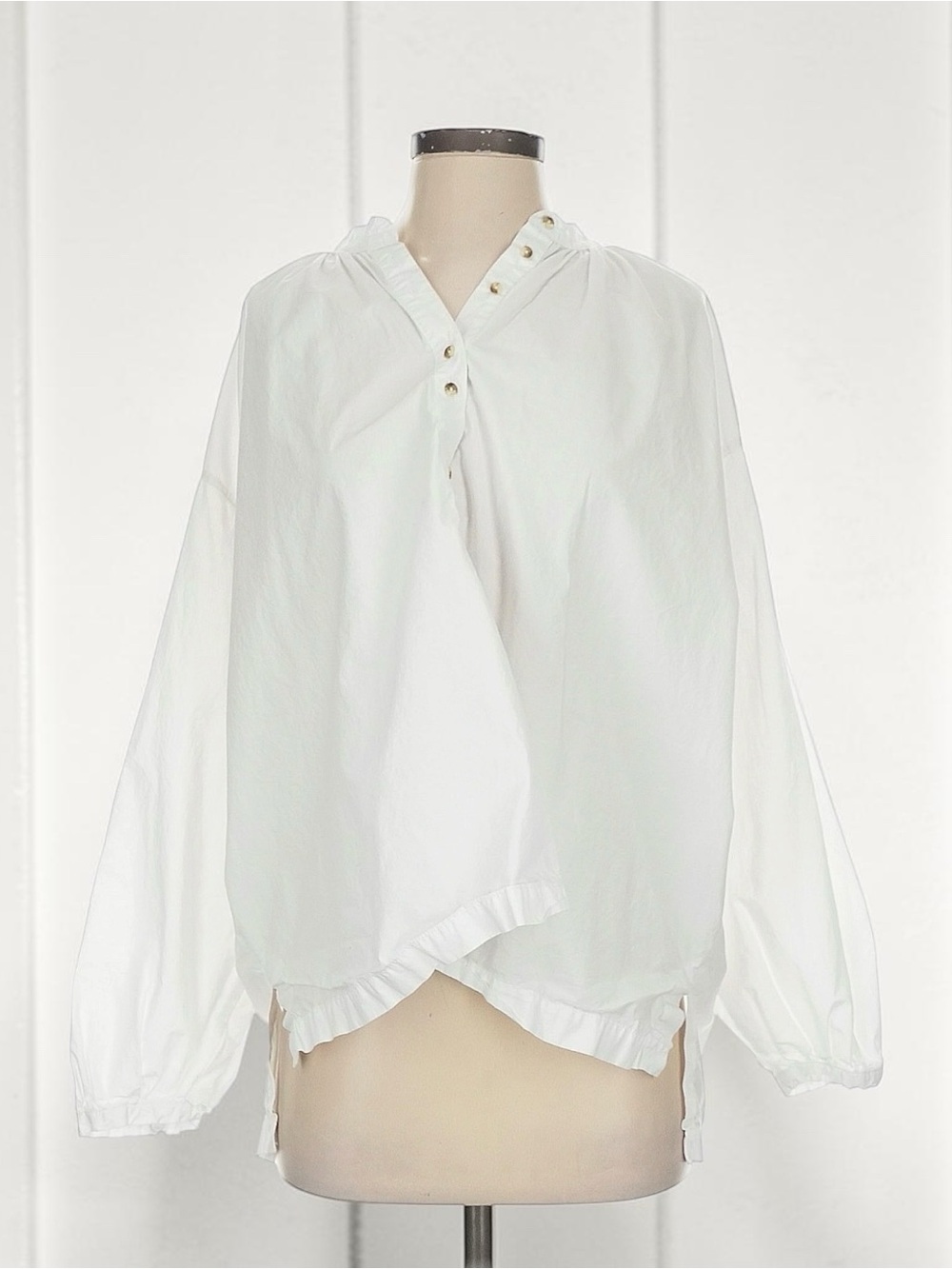 White Cotton Button-Front Blouse - Lightweight Long Sleeve